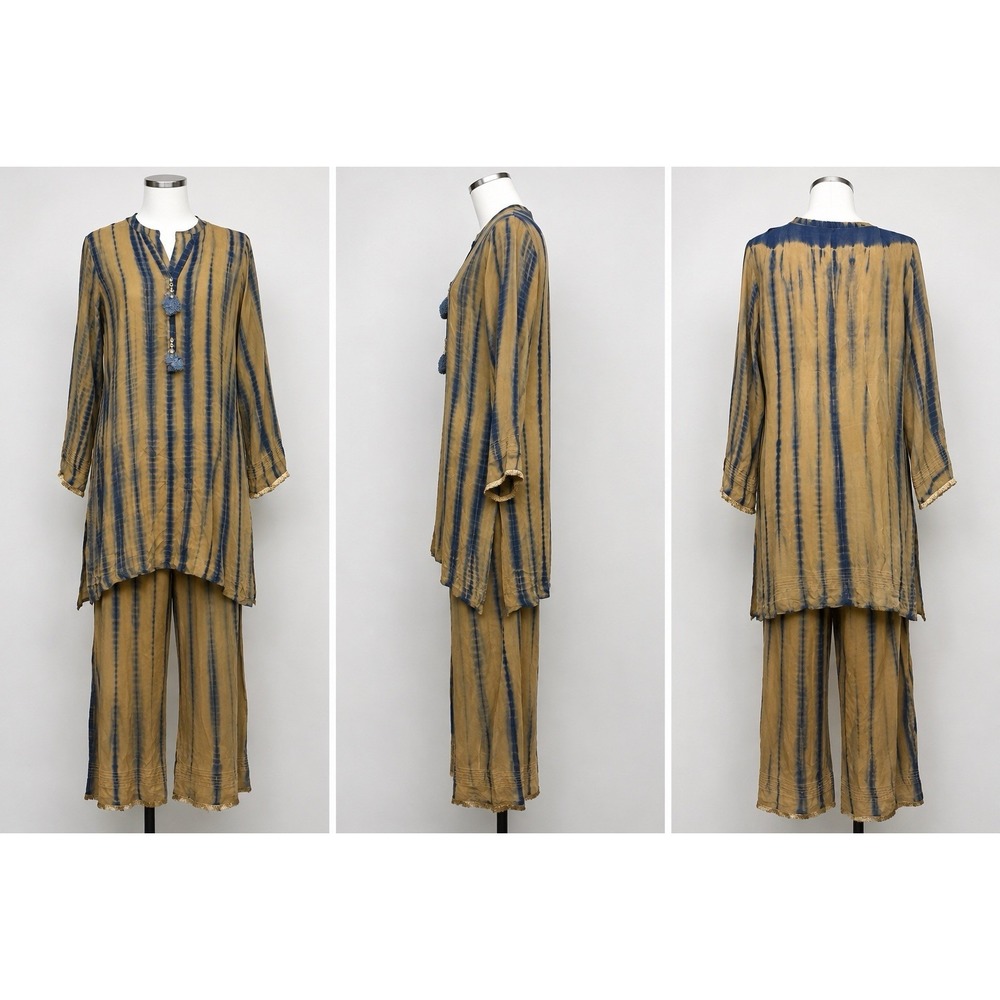 Women's Beige Blue Tie Dye Kurta Pants Pakistani Indian 2 Piece Outfit A32